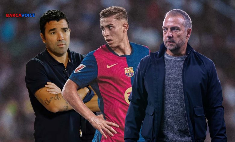 هانز فليك وفيرمين لوبيز وديكو المدير الرياضي لبرشلونة